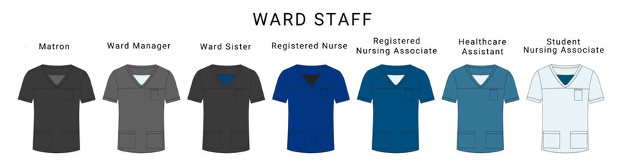 Ward staff clothing flat fashion illustration scrubs design. Workwear template for hospital wards, medical fashion designers. 