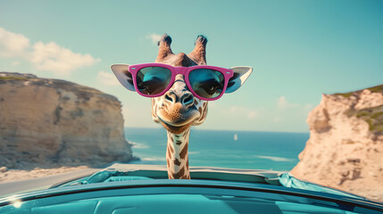 Giraffe wearing sunglasses, convertible car, coastal road, cliffs, retro vibes, pink and teal colors, humorous animal portrait