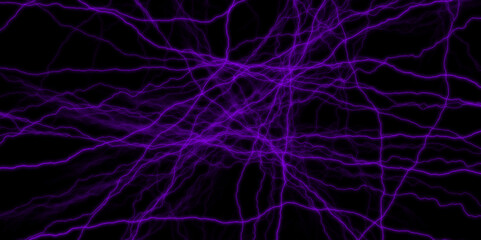 A dramatic lightning bolt streaks across the night sky. lightning bolts against dark sky raw power and beauty of nature. Purple lightning frame border with black center, digital, black