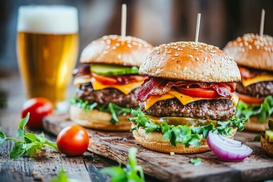 Delicious gourmet burgers on a rustic wooden board, with fresh toppings and a glass of beer in the background.  A perfect meal with a classic American style - Powered by Adobe