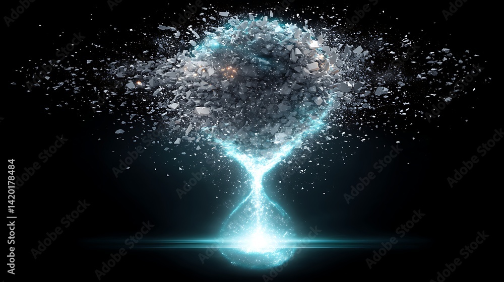 Poster hourglass of fragments shining with blue energy symbolizing temporal disintegration and reconstructi