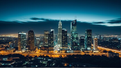 Obraz premium Shimmering Skyscrapers Embrace the Night: A Captivating Panorama of a Modern Metropolis Bathed in Twilight's Gentle Glow.