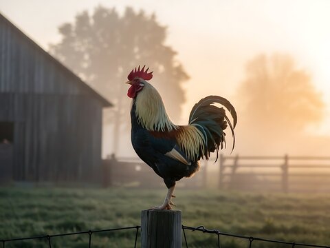 Welsummer cockerel crowing at sunrise