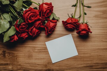 Red roses and blank note card on wood table