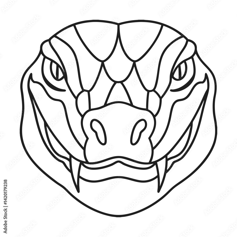 Poster detailed line art of a snake head with visible fangs on a white background design element