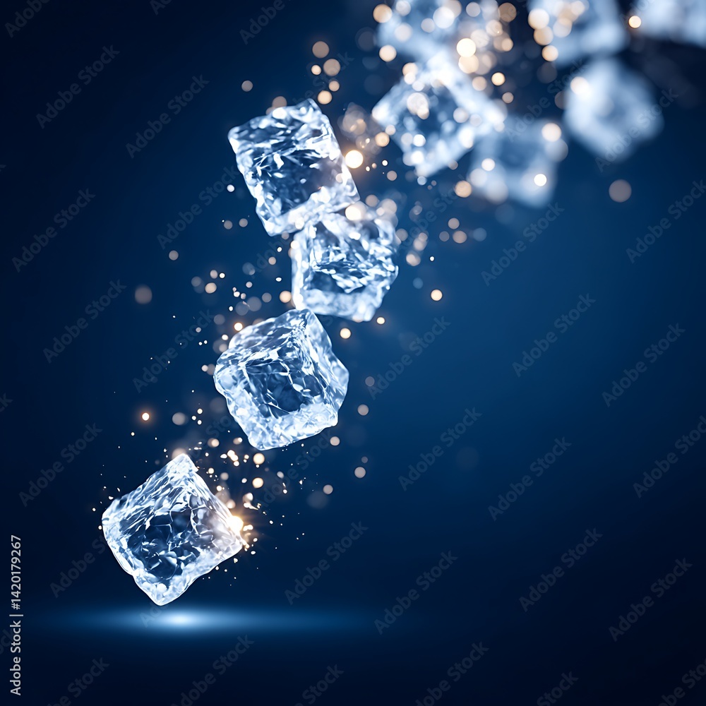 Aufkleber ice cubes floating suspended in air against a dark blue backdrop with bubbles and particle effects.