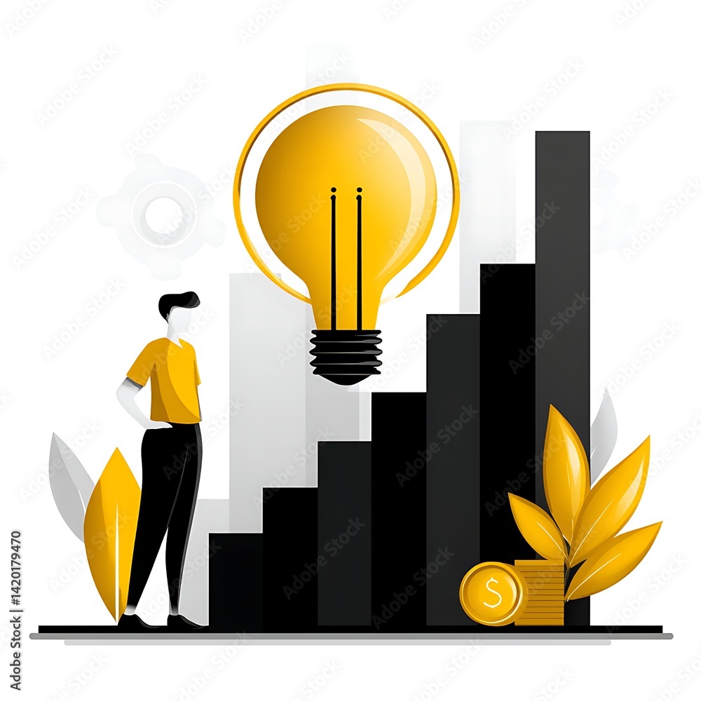 Poster idea bulb on graph chart progress towards success with professional standing and coins for growth.