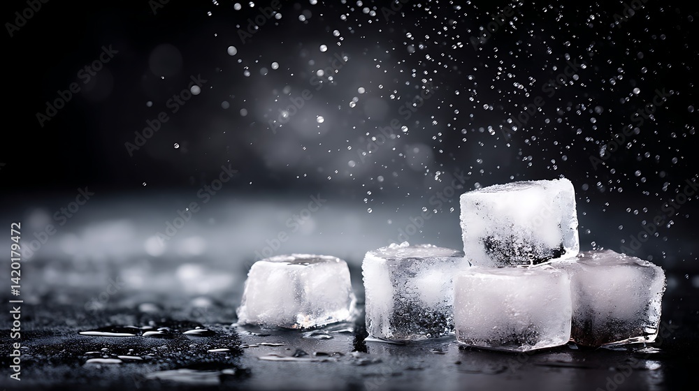 Poster icy cubes cascade a refreshing scene of frozen water in studio setting with dynamic water droplets.