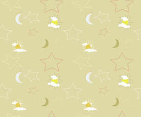 Star, moon and sun pattern. Vector background, for children's bedding, fabric, wallpaper, wrapping paper, textile, t-shirt print