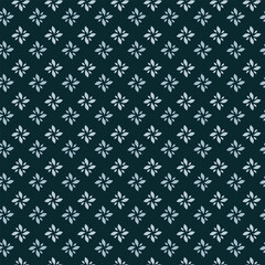 Small white flowers pattern doodle shapes motif continuous blue background. Modern floral fabric design textile swatch ladies dress, men's shirt all over print block.	