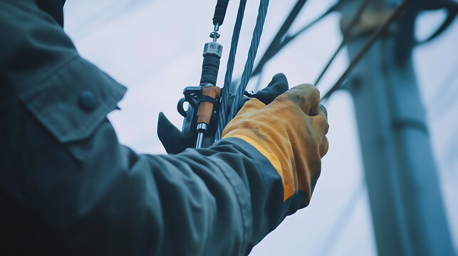 Electrician repairing a power line. Featuring skill and focus