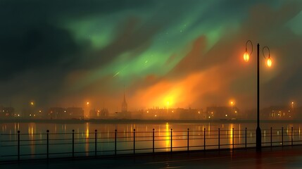 Obraz premium Illuminated Cityscape at Night Embellished by Aurora Lights on Water with Street Lamp Silhouettes.