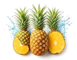 Fresh Pineapple Slices Surrounded by Vibrant Water Splashes on White