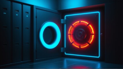 Fototapeta premium Illuminated Security: A Futuristic Vault Door with Glowing Neon Outlines and Circular Elements in a Minimalist Design.