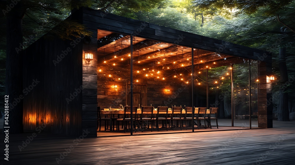 Poster Illuminated Outdoor Dining Area in a Rustic Wooden Building Forest Setting with String Lights.