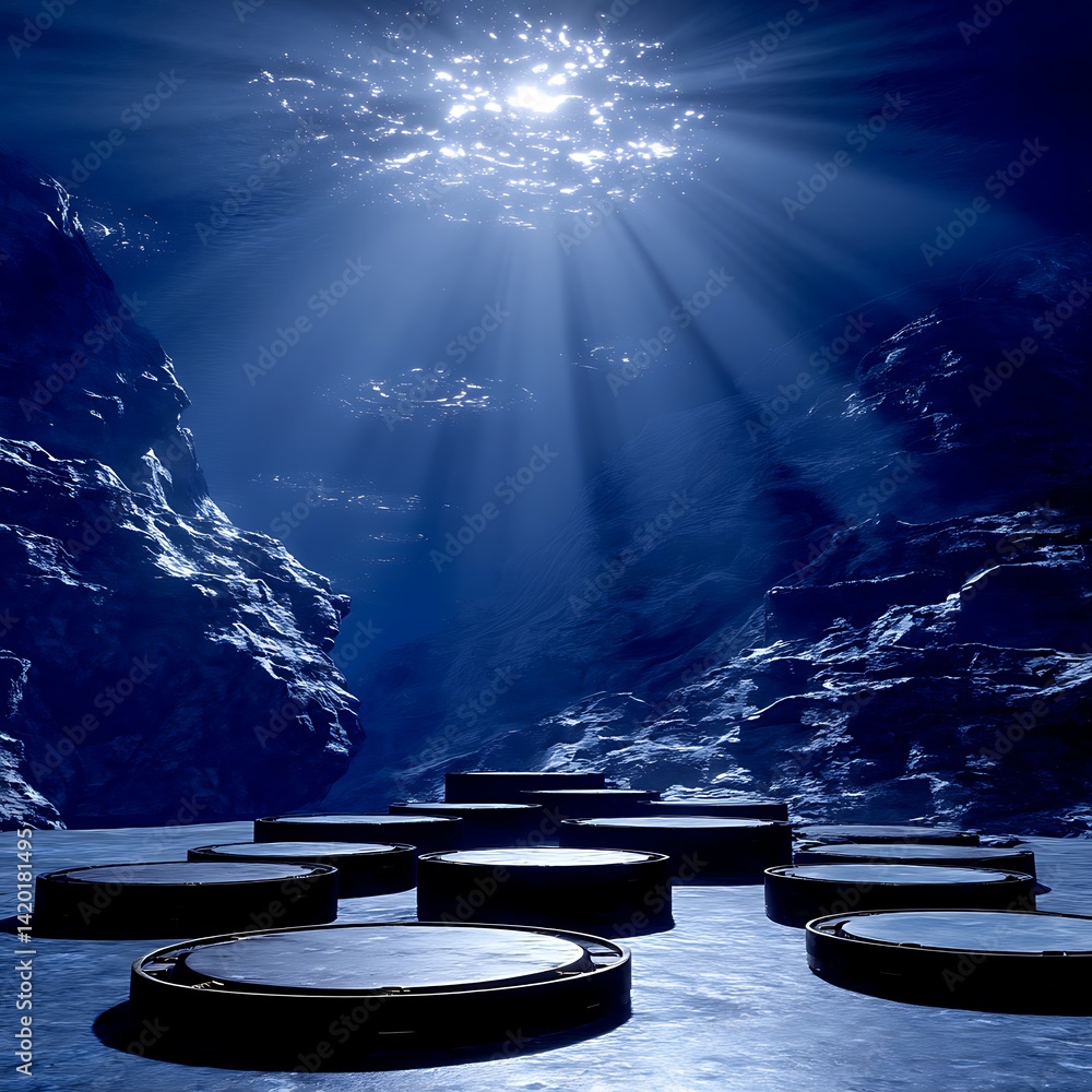 Poster illuminated platforms under deep sea surface abstract design concept with subterranean ambience.