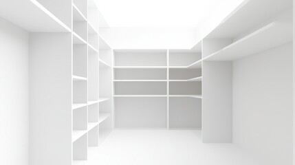 Fototapeta premium a minimalist white walkin closet unit, home decor element, modular shelves, pure white, isolated on white background