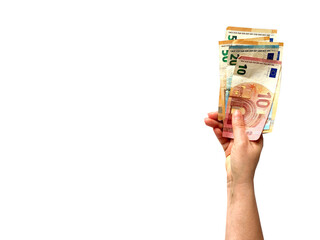 Hands Holding Various Euro Banknotes and Coins on a Clean White Background Surface