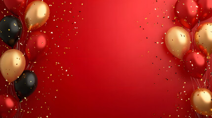 Celebration party banner background with red, gold balloons, carnival, festival or birthday balloon red background, red celebration background template