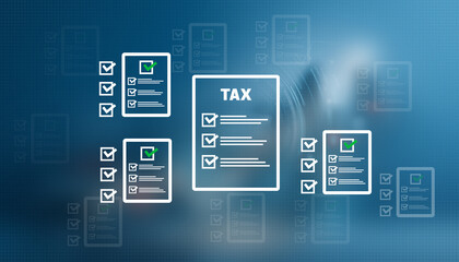 Digital tax checklist dashboard on dark blue background with check marks, documents, and code panel