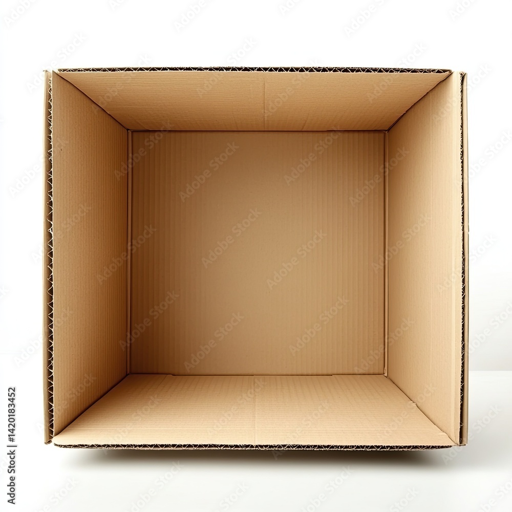 Poster open empty rectangular corrugated cardboard box on white surface ready to fill in