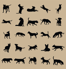Vector clip art showcasing dogs in different poses, both sitting and standing, created in silhouette style. This clean and minimal design is ideal for pet-themed graphics 