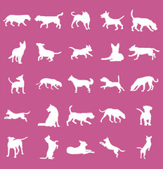 Set of dog silhouette vector. Dogs and puppies in different breed, corgi, golden retriever, poses, sitting, standing, jump. Hand drawn pet animals for pet shop, logo design, decorative, sticker.