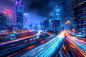Fototapeta premium Futuristic Cityscape at Night, Vibrant Lights and Dynamic Traffic Flow
