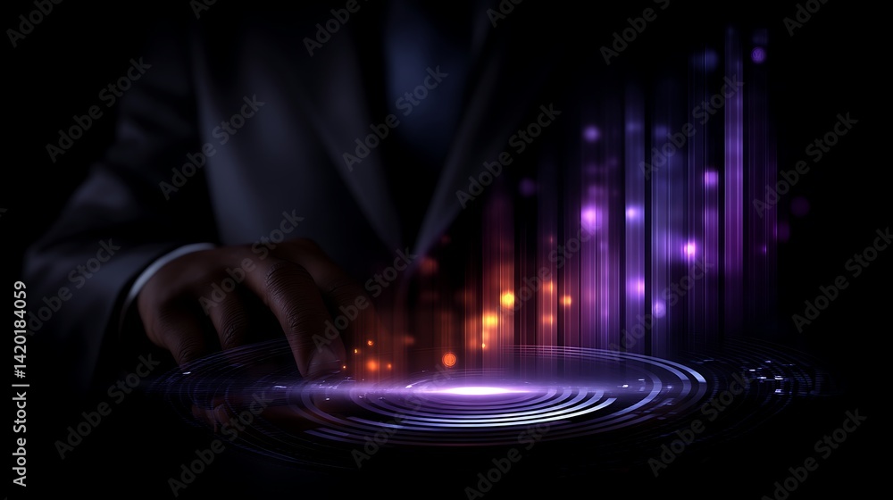 Poster interactive digital display interface with human touch in futuristic technology setting.