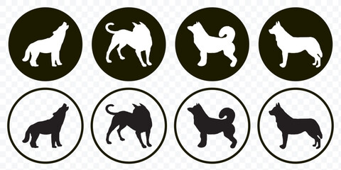 Obraz premium Set of dog silhouette vector. Dogs and puppies in different breed, corgi, golden retriever, poses, sitting, standing, jump. Hand drawn pet animals for pet shop, logo design, decorative, sticker.