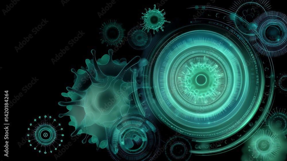Poster interconnected digital network with abstract virus representation in cyber technology sphere design.