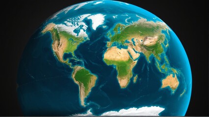 Fototapeta premium Vivid Depiction of Earth, Exhibiting Continents, Oceans, and Diverse Terrains Under a Dark Background and a Curved Perspective.