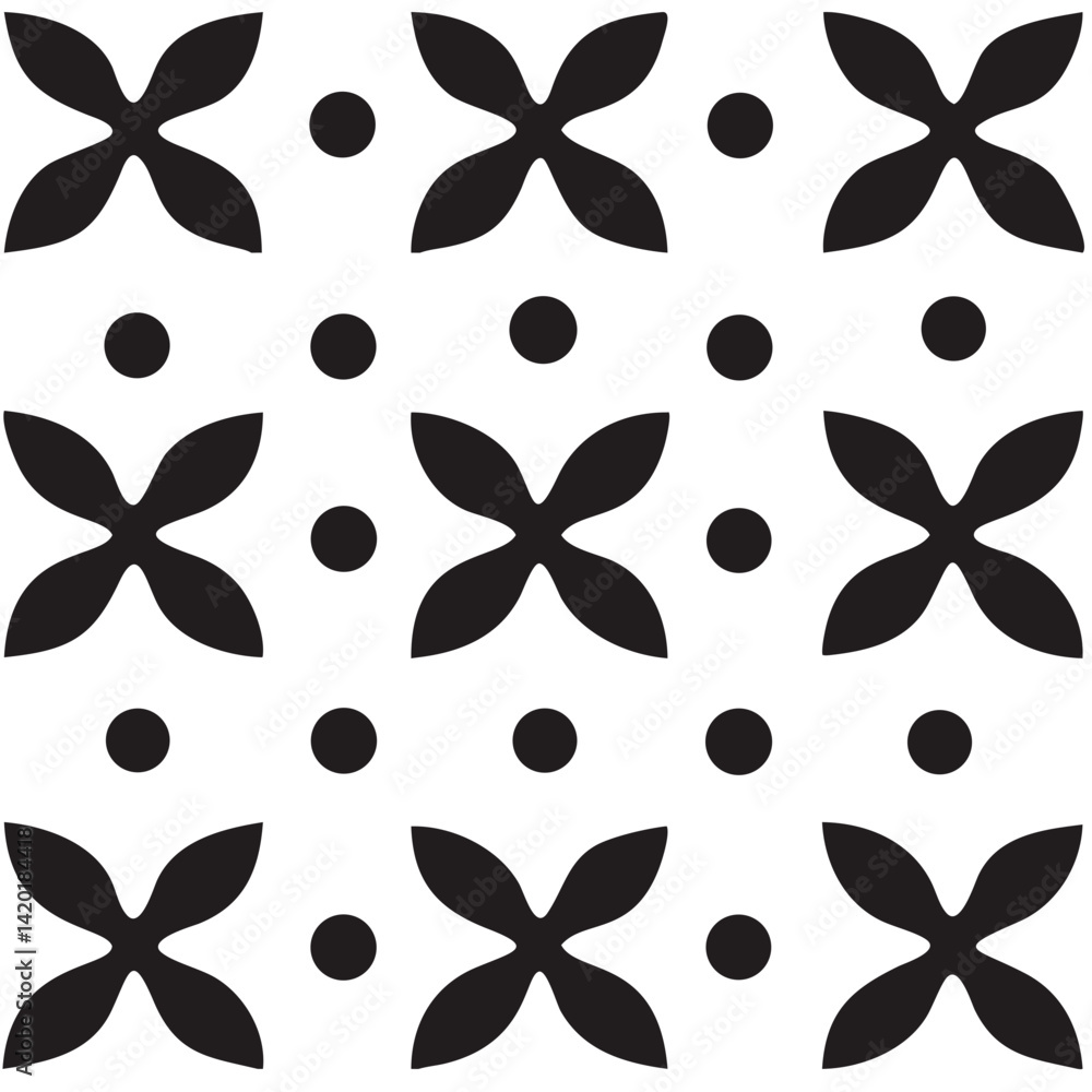 Poster a bold graphic pattern of stylized black flowers and dots creating a simple yet elegant design with 