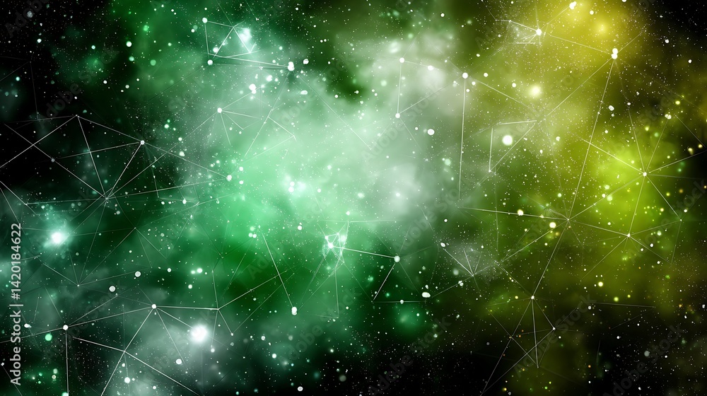 Poster interconnected networks in green and yellow nebula cosmos exploring universe starry space.