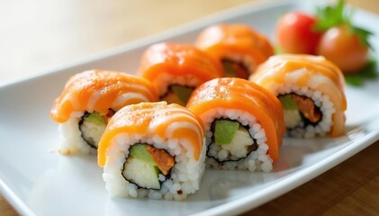 Colorful assortment of sushi rolls on white plate, dining, crab, soy