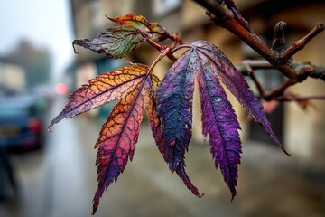 Colorful autumn leaves display vibrant hues in a rainy urban setting