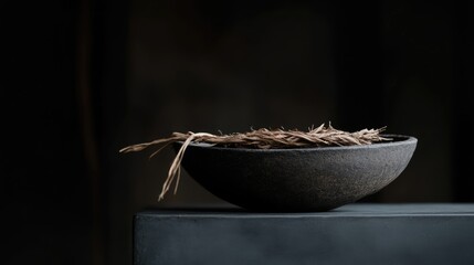 Dark, muted bowl with dried plant material.  A simple, minimalist still life composition featuring a dark gray bowl holding dried grasses against a dark background