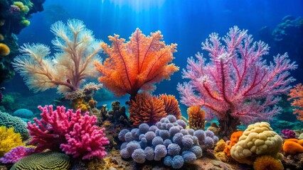 Obraz premium Vibrant underwater scene showcasing a diverse array of colorful coral formations thriving in a sunlit ocean environment