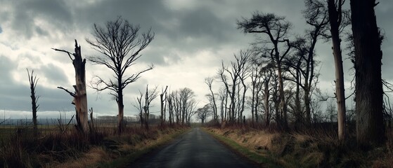 A desolate road flanked by eerie, leafless trees under a moody, cloudy sky.