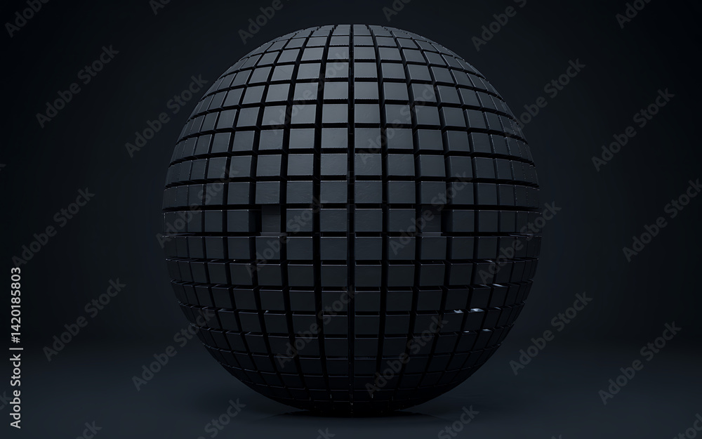 Poster abstract dark sphere composed of small cubes with subtle lighting effects modern tech geometry artis