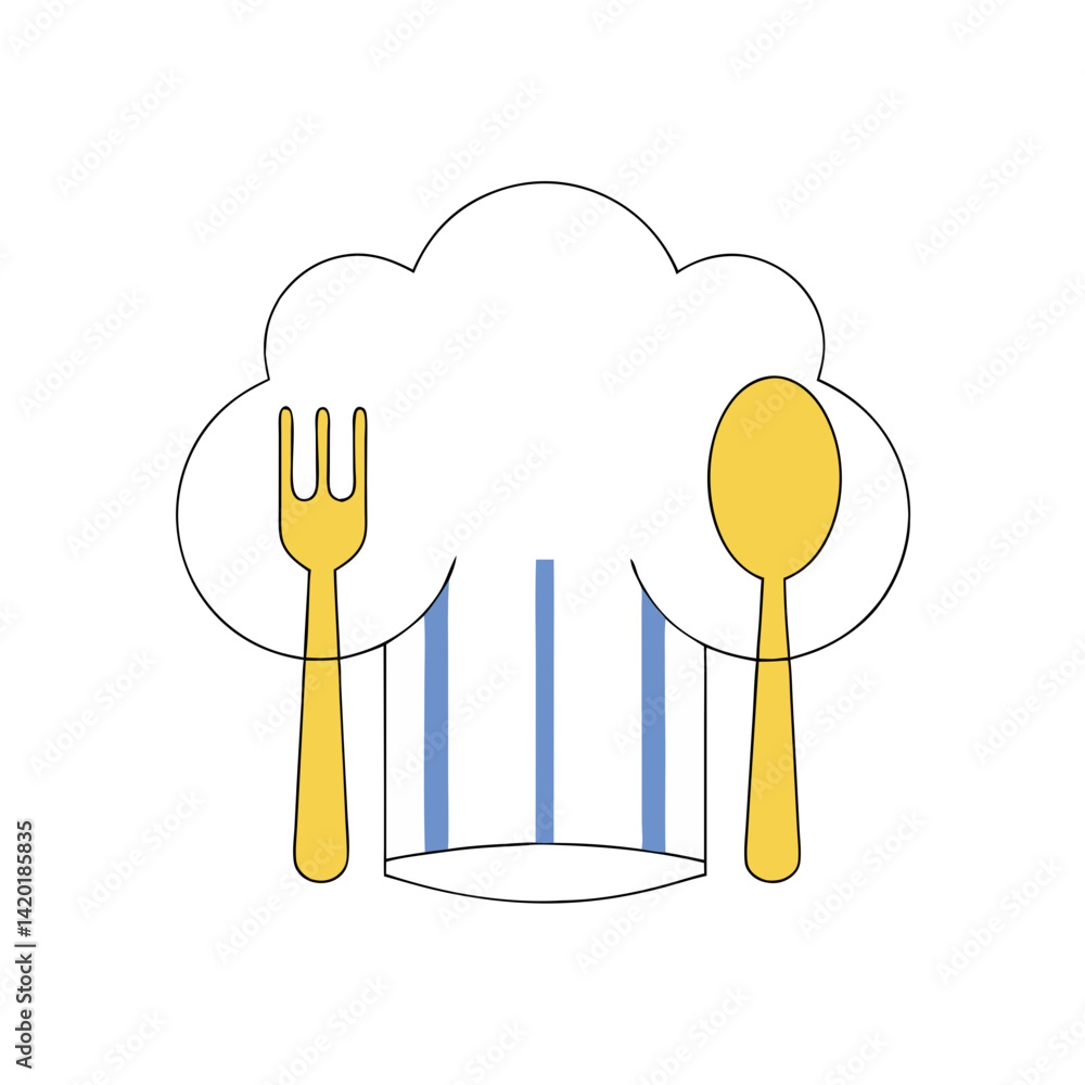 Poster a whimsical chef's hat nestled in a fluffy cloud, playfully adorned with a golden fork and spoon, sy