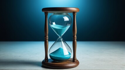 Time's Blue Embrace: A Timeless Hourglass Encapsulating Ephemeral Moments Against a Soothing, Moody Backdrop.