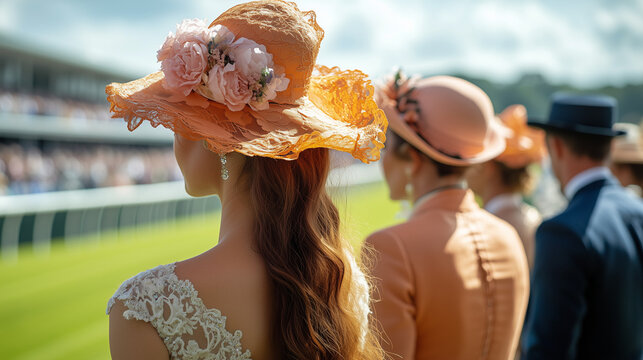 A glorious day at Royal Ascot, where elegance meets tradition. Ladies in lavish hats and flowing dresses grace the lawns like flowers in bloom. 