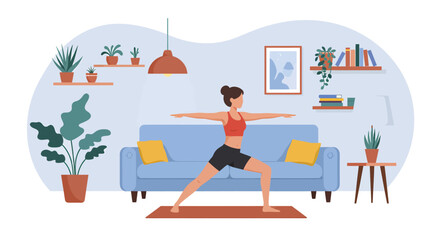 Flat style vector illustration of a young woman practicing the yoga pose in her cozy living room