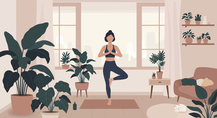 Flat style vector illustration of a young woman practicing yoga pose in a bright, plant-filled home studio