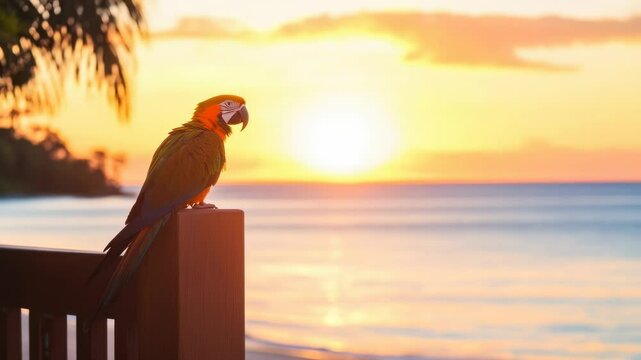 Parrot at tropical beach sunset  perfect for nature and travel themes