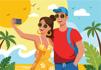 Flat style vector illustration of a happy couple taking a selfie on a sunny tropical beach during their summer holiday