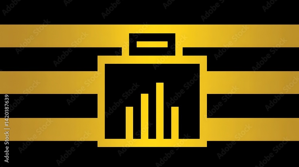 Poster investment data briefcase display with horizontal stripe pattern background design in gold and black
