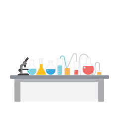 Simplified laboratory table with colorful samples, scientific clarity
