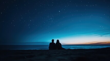 A couple is sitting on the beach at night, looking up at the stars